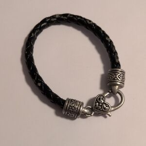 Braided Black Leather Bracelet with Silver Heart Filigree Accents